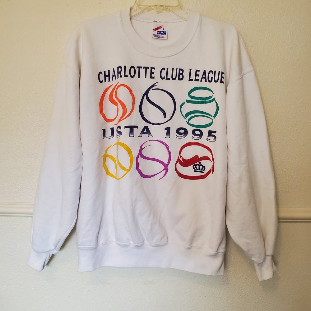 Vintage 1995 Jerzees USTA Charlotte Club League Tennis Sweatshirt White Large